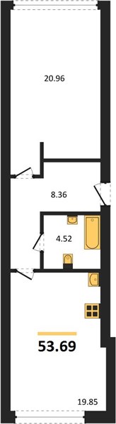 1—комн. квартира, 53.69 кв.м, 7/9 этаж