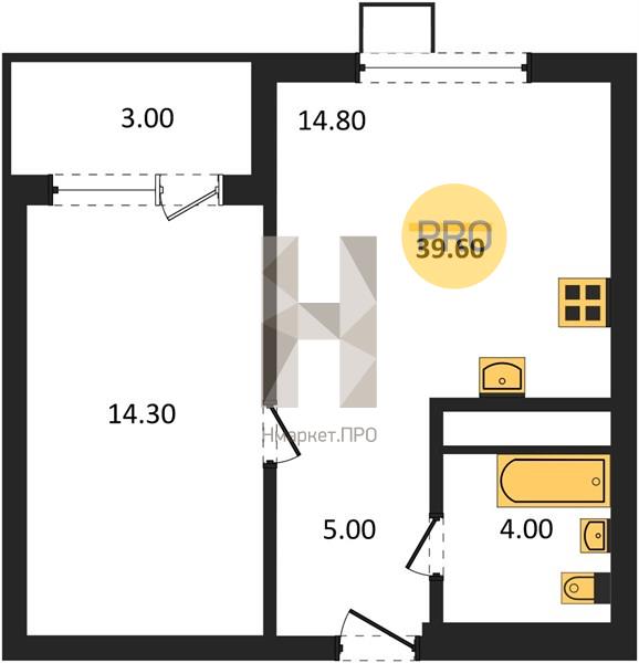 1—комн. квартира, 39.7 кв.м, 10/11 этаж