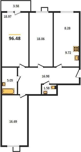 3—комн. квартира, 96.48 кв.м, 7/10 этаж