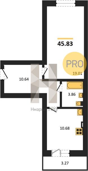 1—комн. квартира, 45.83 кв.м, 3/4 этаж