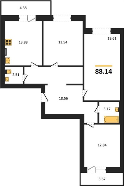 3—комн. квартира, 88.14 кв.м, 1/4 этаж