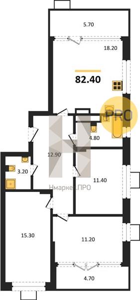 3—комн. квартира, 82.1 кв.м, 2/14 этаж