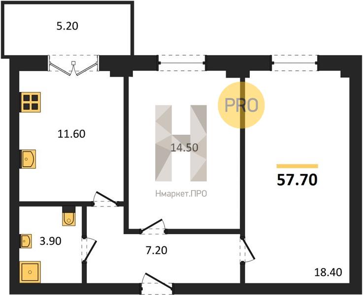 2—комн. квартира, 57.2 кв.м, 14/15 этаж