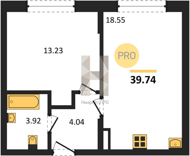 1—комн. квартира, 39.74 кв.м, 6/8 этаж