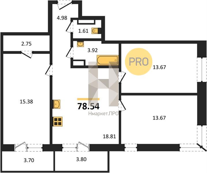 3—комн. квартира, 78.54 кв.м, 18/19 этаж