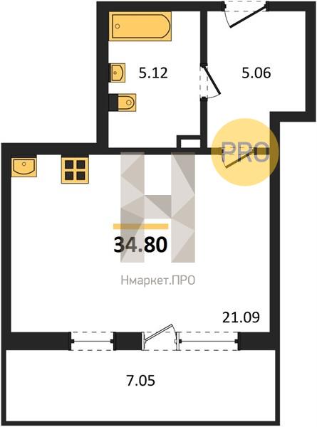 Квартира, 34.8 кв.м, 9/24 этаж
