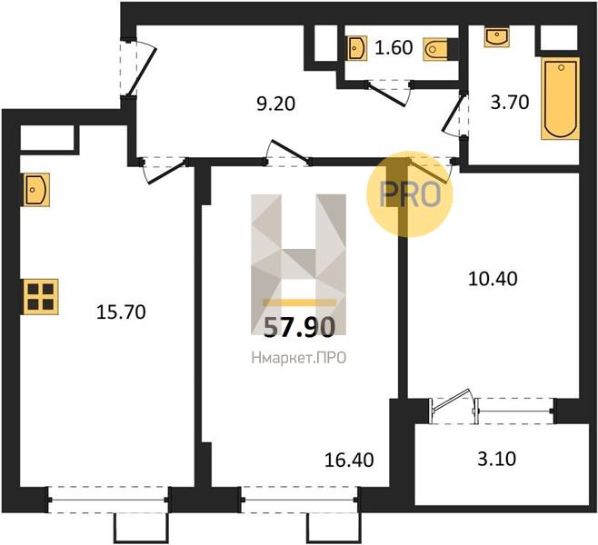 2—комн. квартира, 57.9 кв.м, 1/11 этаж
