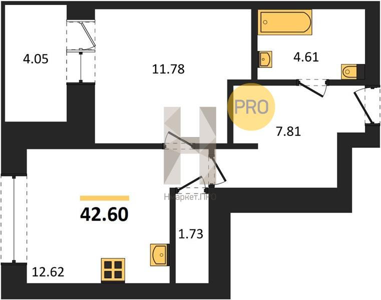 1—комн. квартира, 42.6 кв.м, 8/9 этаж