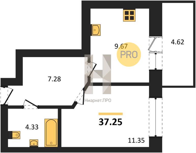 1—комн. квартира, 37.25 кв.м, 3/9 этаж