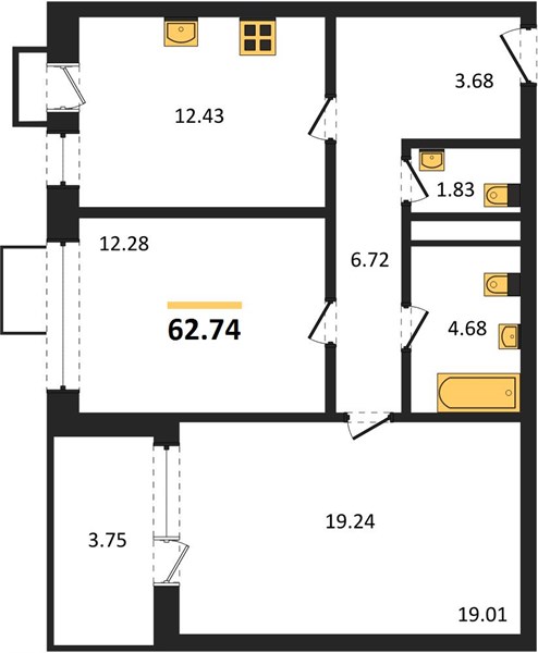 2—комн. квартира, 62.74 кв.м, 2/21 этаж