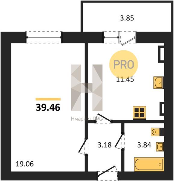 1—комн. квартира, 39.46 кв.м, 4/4 этаж