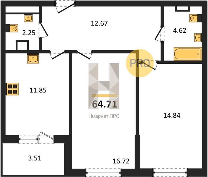 2—комн. квартира, 64.71 кв.м, 2/18 этаж