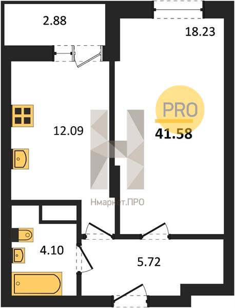 1—комн. квартира, 41.58 кв.м, 13/27 этаж