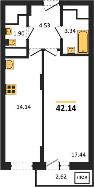 1—комн. квартира, 42.14 кв.м, 26/27 этаж
