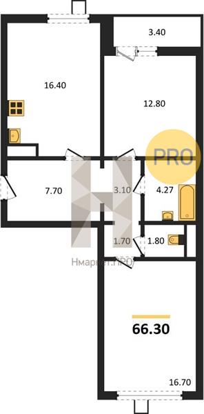 2—комн. квартира, 66.3 кв.м, 19/19 этаж
