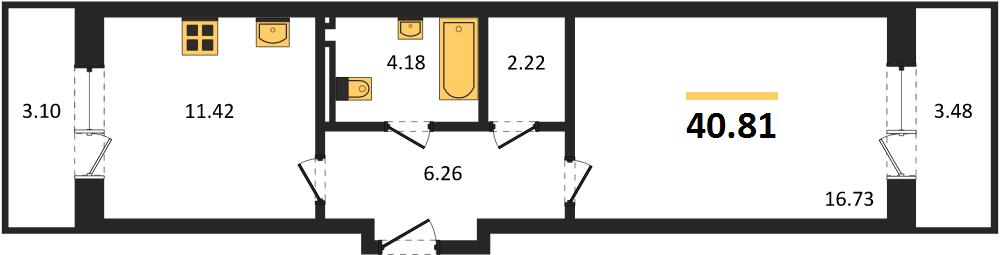 1—комн. квартира, 44.1 кв.м, 5/8 этаж