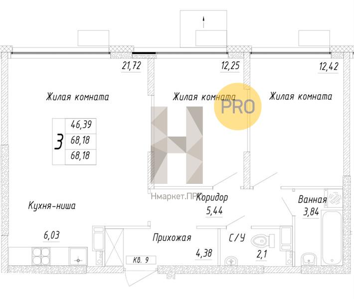 2—комн. квартира, 68.18 кв.м, 3/17 этаж