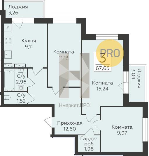 3—комн. квартира, 67.63 кв.м, 16/19 этаж