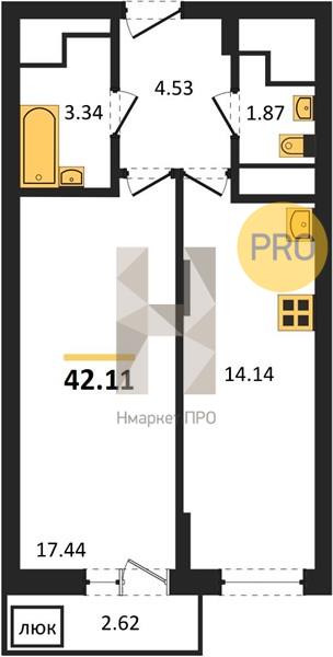 1—комн. квартира, 42.11 кв.м, 27/27 этаж