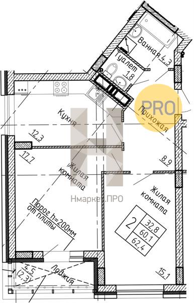 2—комн. квартира, 62.4 кв.м, 7/24 этаж