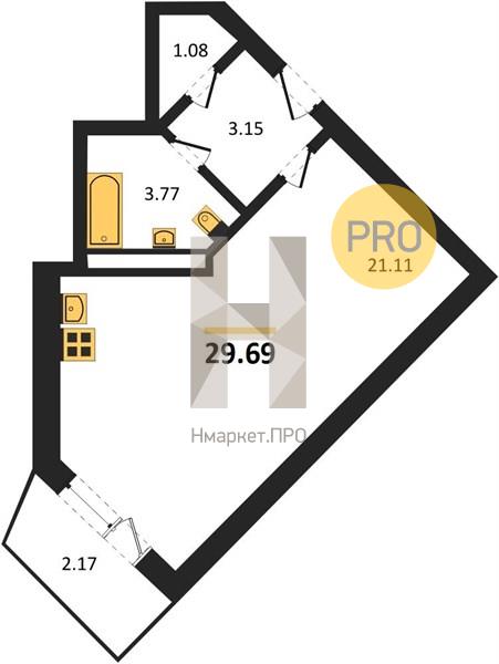 1—комн. квартира, 29.69 кв.м, 13/20 этаж