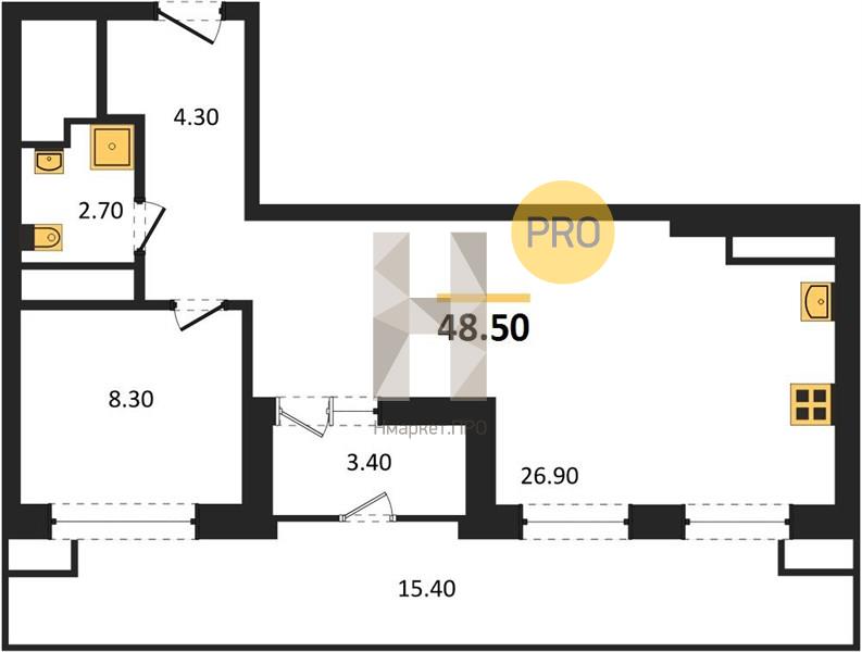 1—комн. квартира, 48.5 кв.м, 14/15 этаж