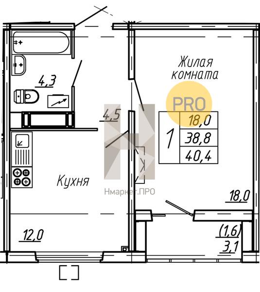 1—комн. квартира, 40.4 кв.м, 3/15 этаж