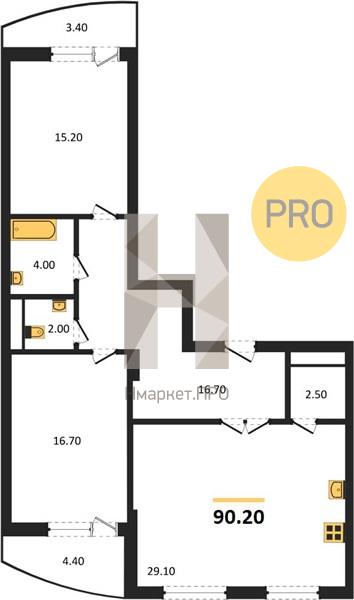 2—комн. квартира, 90.2 кв.м, 17/18 этаж