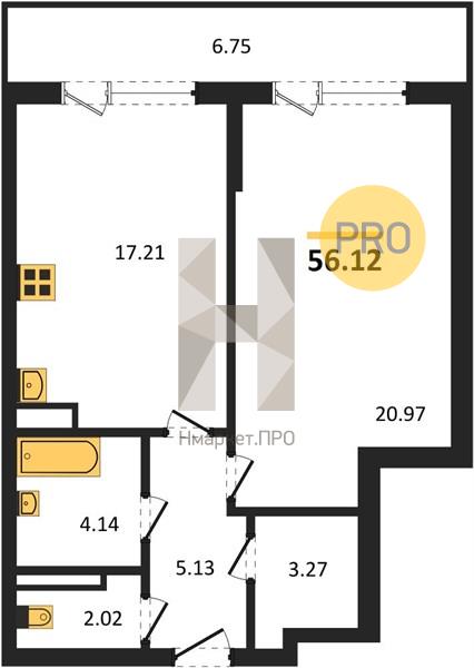 1—комн. квартира, 56.12 кв.м, 8/23 этаж