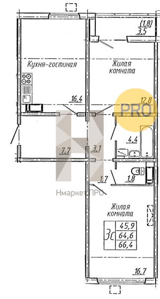 2—комн. квартира, 66.4 кв.м, 10/19 этаж