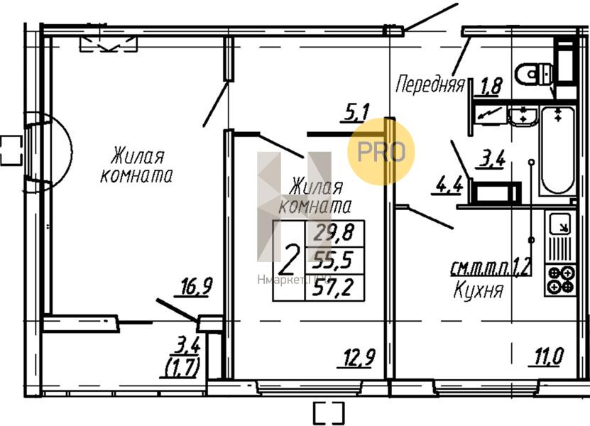 2—комн. квартира, 57.2 кв.м, 4/15 этаж