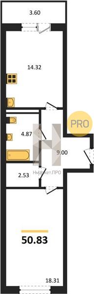 1—комн. квартира, 50.83 кв.м, 14/18 этаж
