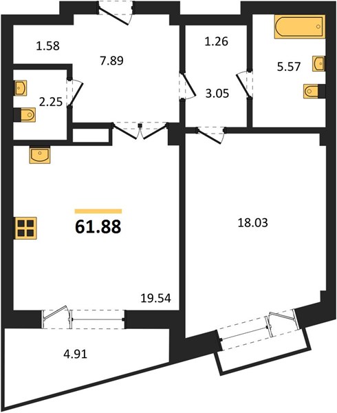 1—комн. квартира, 61.88 кв.м, 6/9 этаж