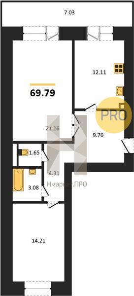 2—комн. квартира, 69.79 кв.м, 1/14 этаж