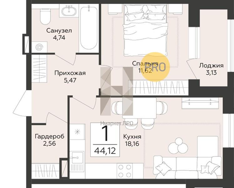 1—комн. квартира, 44.12 кв.м, 8/12 этаж