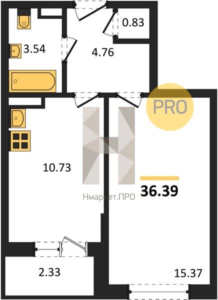 1—комн. квартира, 36.39 кв.м, 20/20 этаж