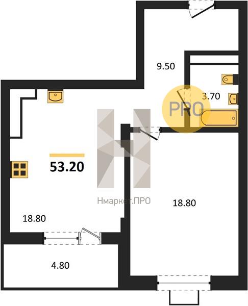 1—комн. квартира, 53.2 кв.м, 13/15 этаж