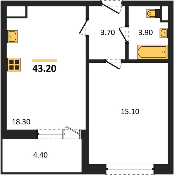 1—комн. квартира, 43.2 кв.м, 14/18 этаж