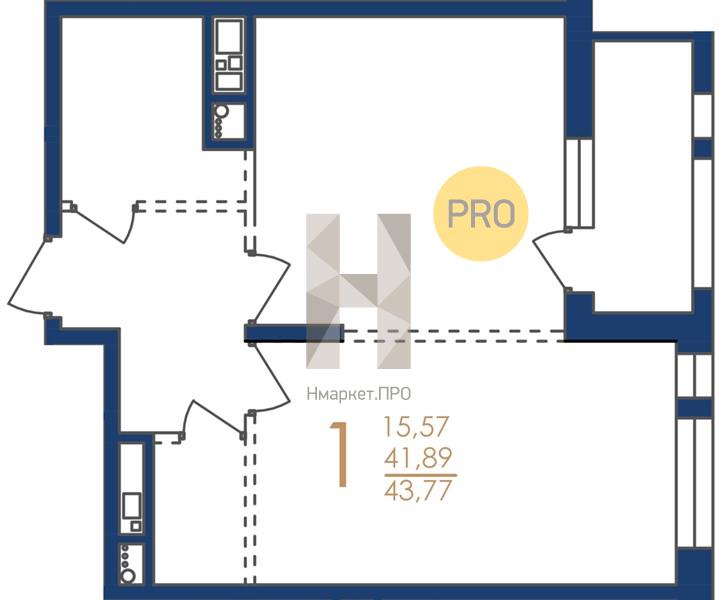 1—комн. квартира, 43.77 кв.м, 8/17 этаж