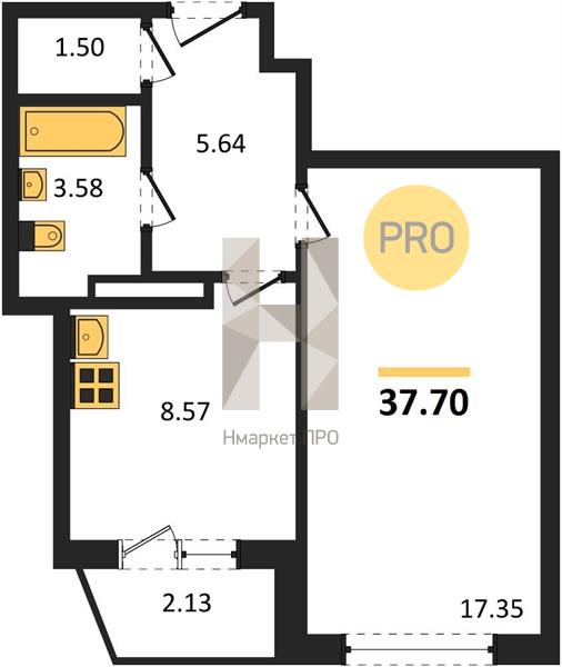 1—комн. квартира, 37.7 кв.м, 12/20 этаж