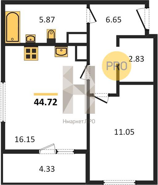 1—комн. квартира, 44.72 кв.м, 6/25 этаж