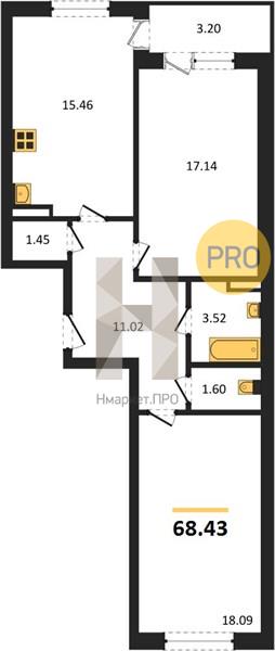 2—комн. квартира, 68.43 кв.м, 9/18 этаж