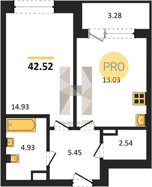 1—комн. квартира, 42.52 кв.м, 2/16 этаж