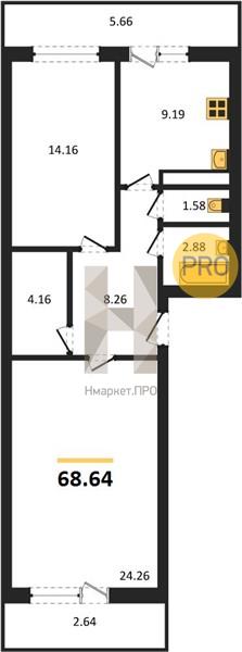2—комн. квартира, 68.64 кв.м, 10/25 этаж
