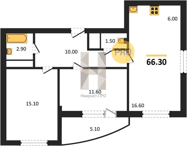2—комн. квартира, 66.3 кв.м, 17/18 этаж