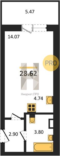 1—комн. квартира, 28.62 кв.м, 3/16 этаж