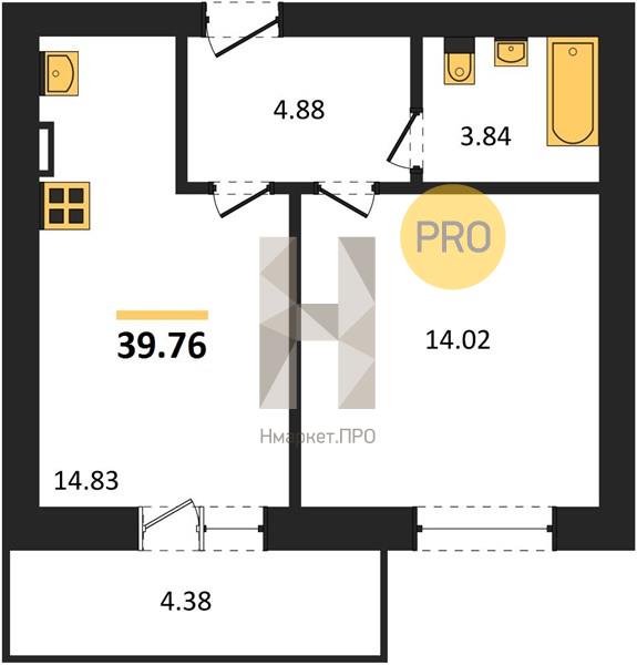 1—комн. квартира, 39.76 кв.м, 4/4 этаж