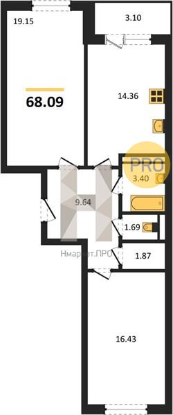 2—комн. квартира, 68.09 кв.м, 4/18 этаж