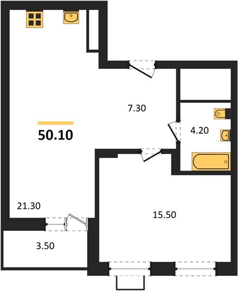 1—комн. квартира, 50.1 кв.м, 14/15 этаж