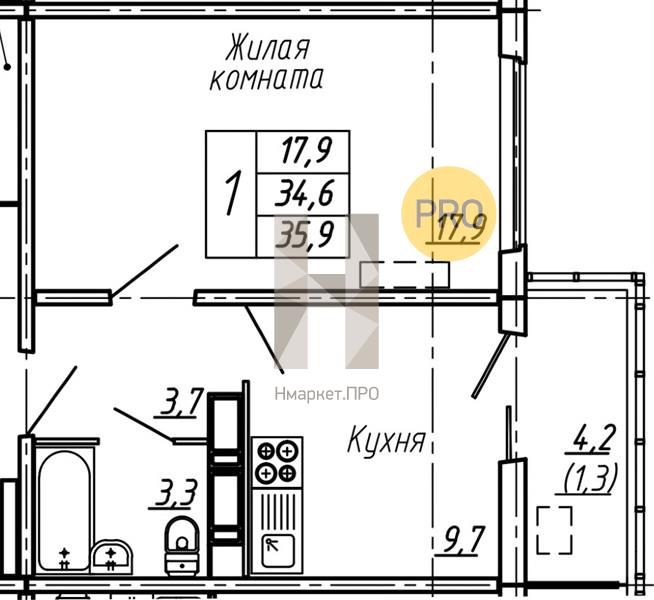 1—комн. квартира, 35.9 кв.м, 10/17 этаж